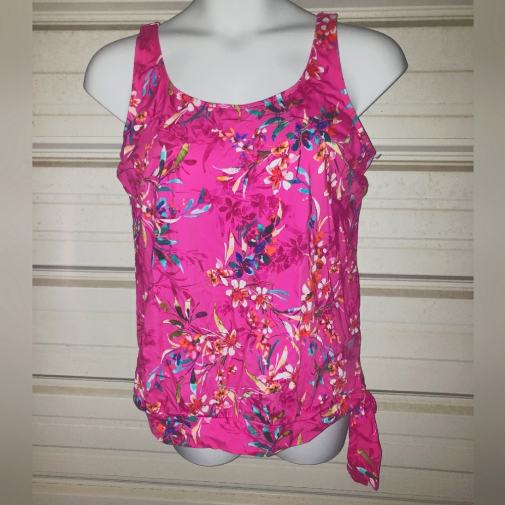 Plus Size 16 1x Side Tie Blouson Tankini Top Pink Flower Floral Swimsuit Swim